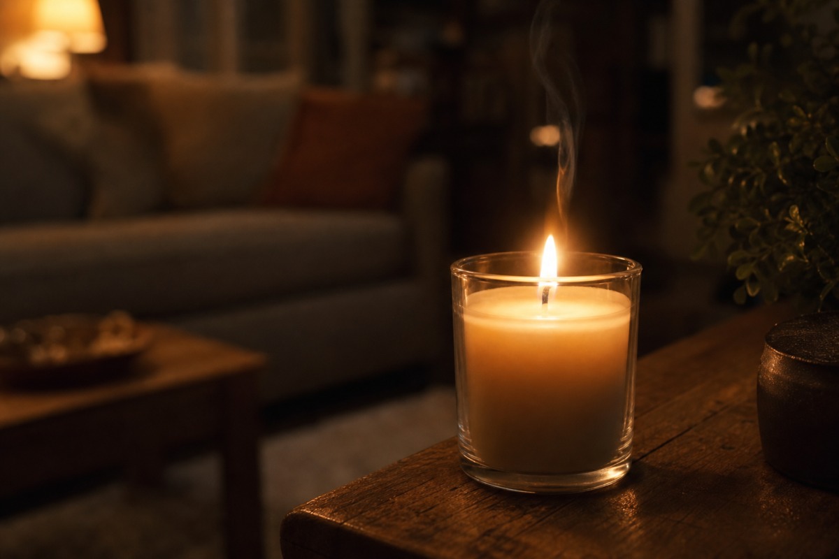 Vela acesa num recipiente de vidro numa mesa de sala, com um fio fino de fumo a sair do pavio