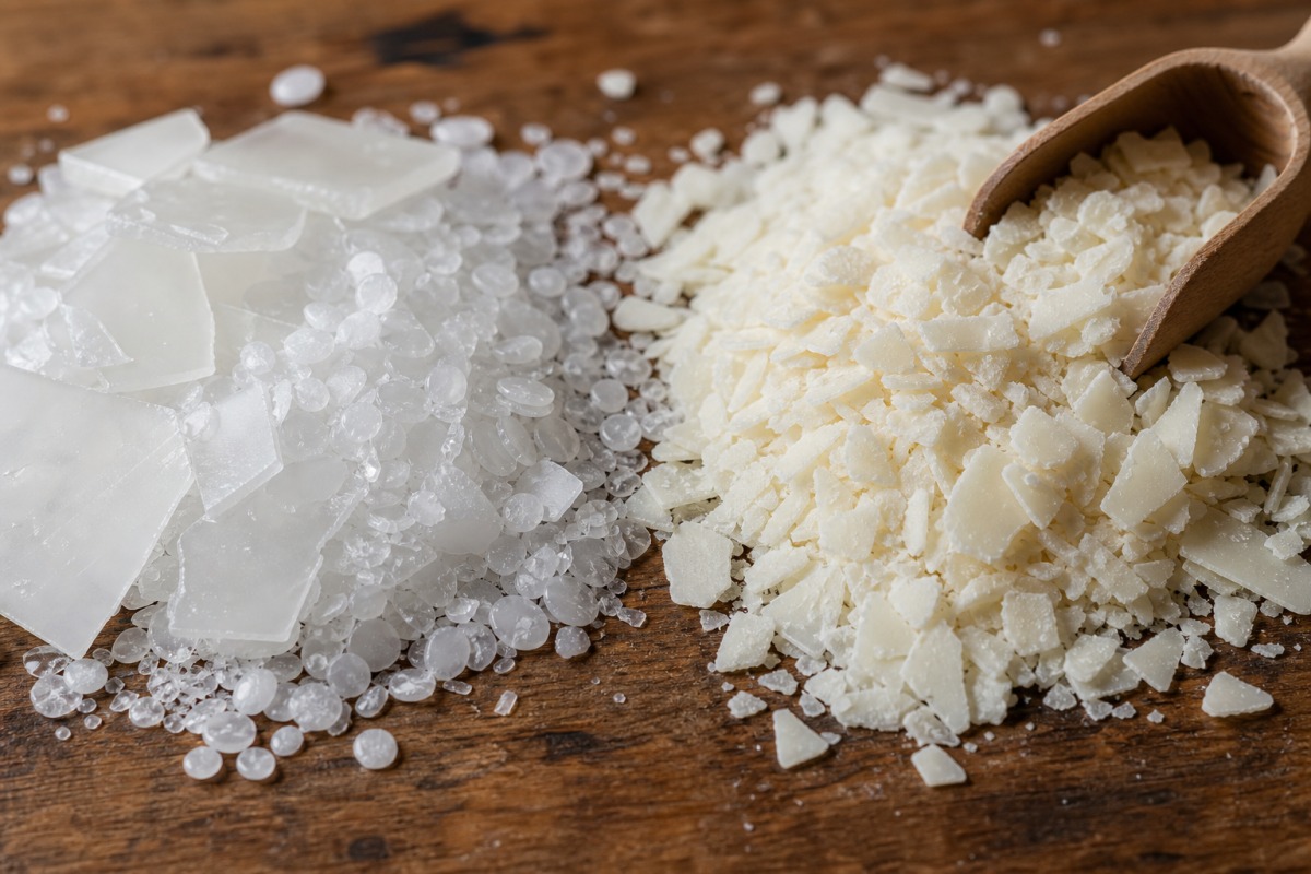 Pellets de parafina brilhantes ao lado de flocos de cera de soja, baços e cremosos, sobre uma mesa de madeira