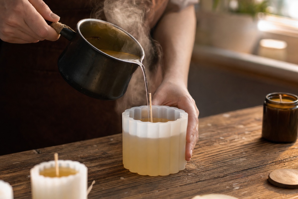 Cera morna a ser vertida lentamente para um molde de silicone na oficina