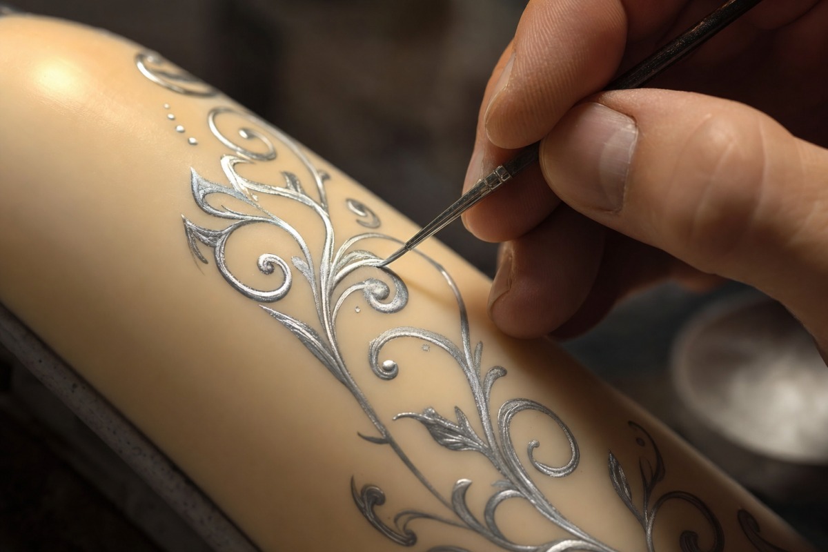 Ornamento prateado pintado à mão com um pincel fino sobre a superfície de uma vela