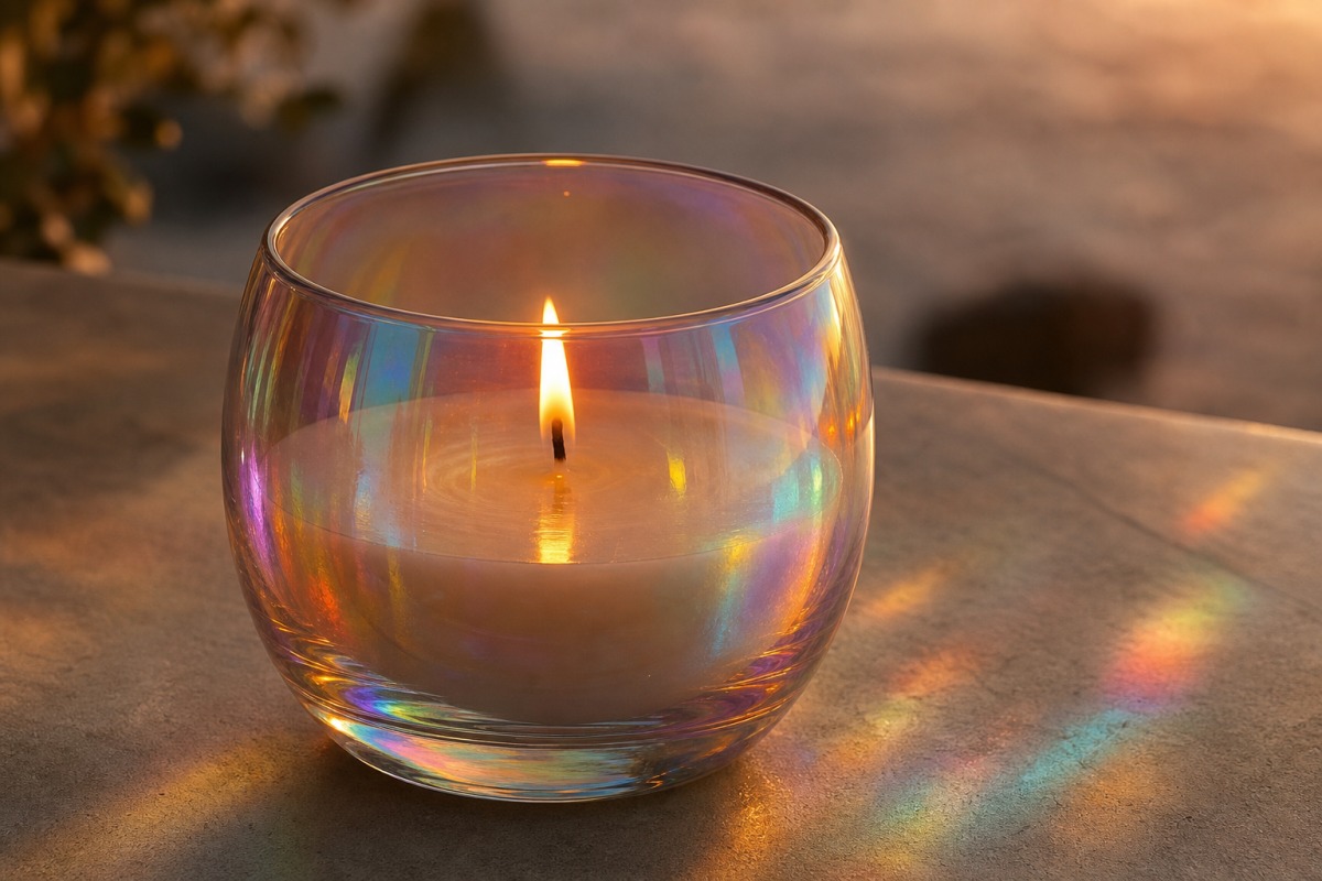 Vela vegetal limpa a arder num vidro holográfico e dicroico, que decompõe a luz da chama em reflexos do arco-íris.