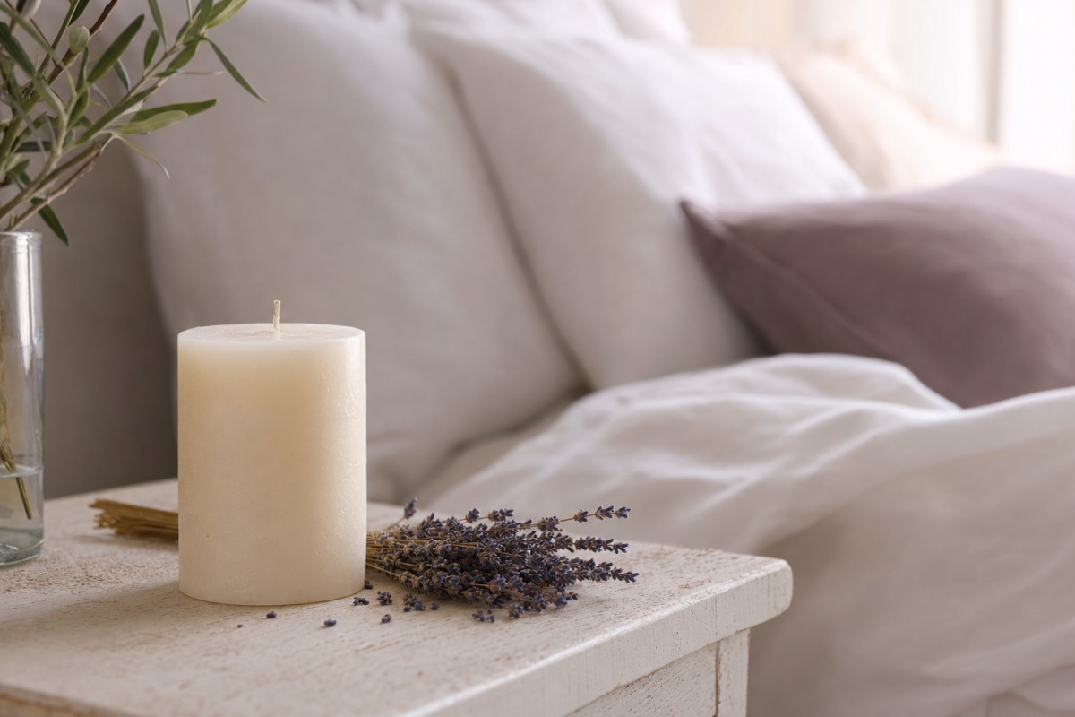 Vela floral suave com lavanda na mesa de cabeceira do quarto