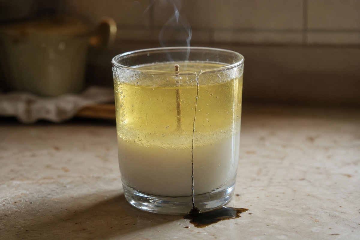 Copo de vidro fino com uma vela de gel de limonada em duas camadas, com uma longa fissura que vai do fundo até à borda e uma poça de óleo sobre a bancada