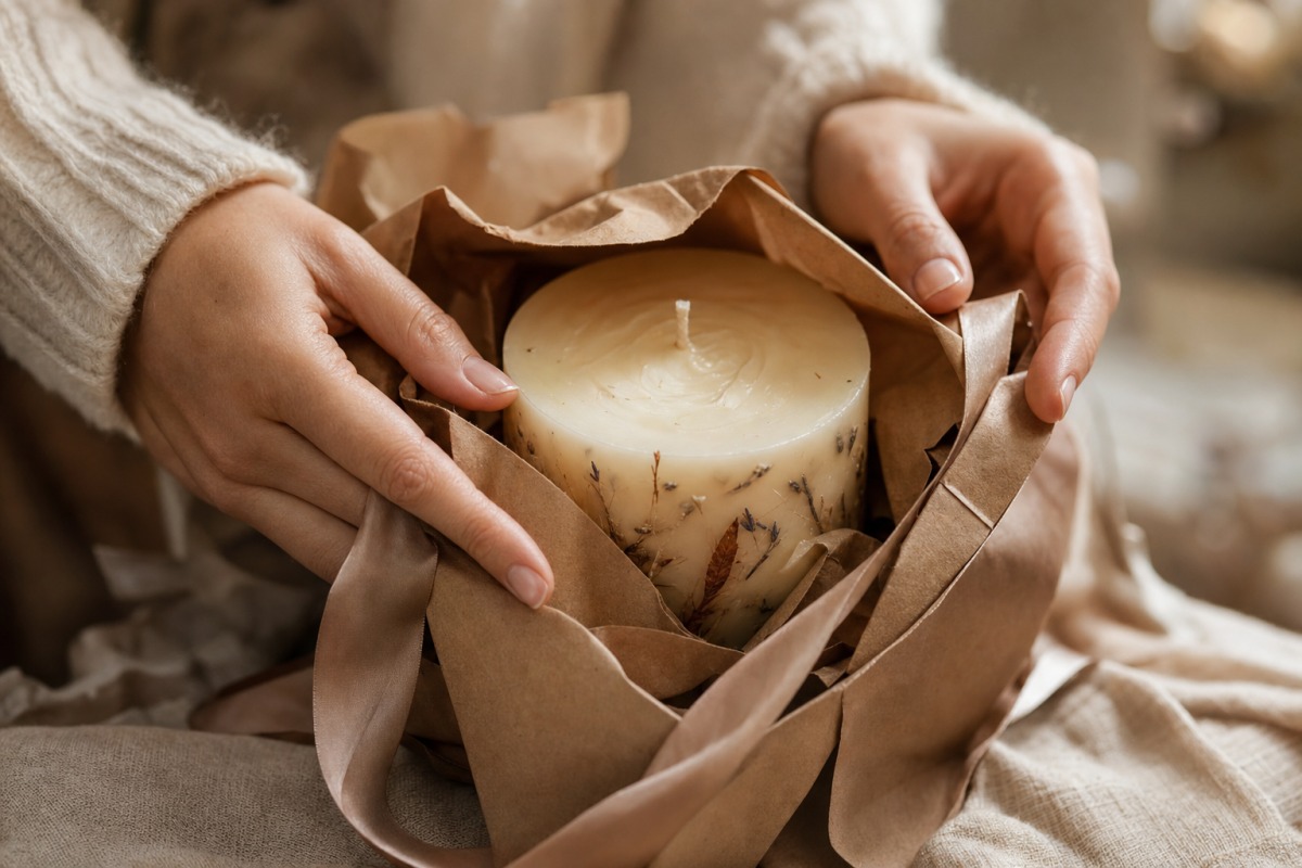 Pormenor de mãos a desembrulhar uma vela artesanal do papel de presente