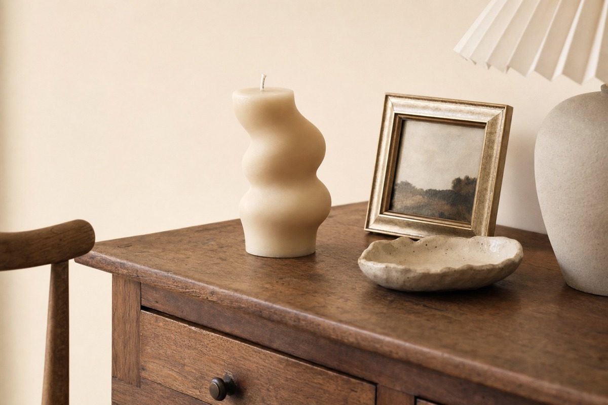 Vela artesanal apagada, colocada como peça decorativa sobre uma cómoda