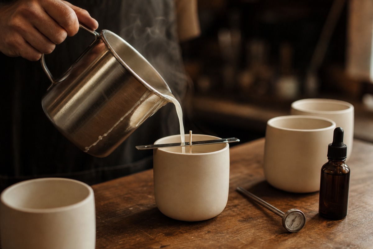 Mãos a verter cera de soja morna e cremosa para um recipiente de cerâmica com um pavio de algodão centrado, ao lado um frasco de óleo aromático