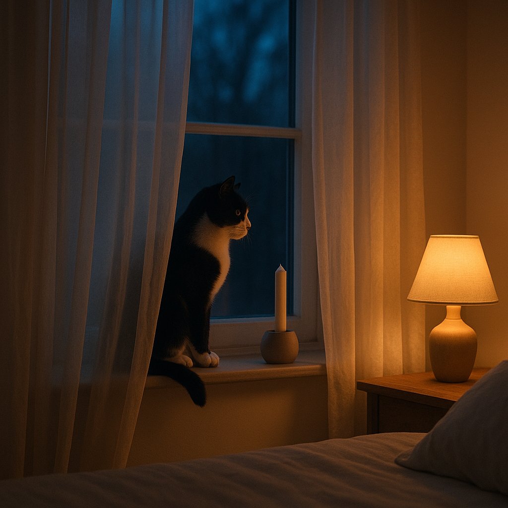 Gata dormindo em uma manta de lã perto da janela da sala de estar com luz matinal suave, vela ao fundo em uma prateleira alta a uma distância segura
