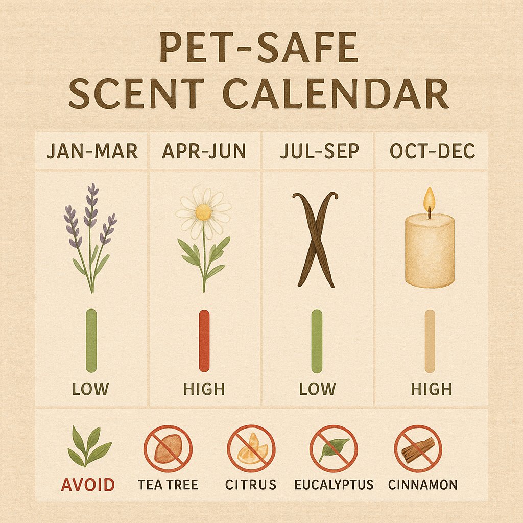 Calendário trimestral seguro para animais de estimação com 5 aromas seguros e 4 óleos tóxicos com as estações do ano marcadas