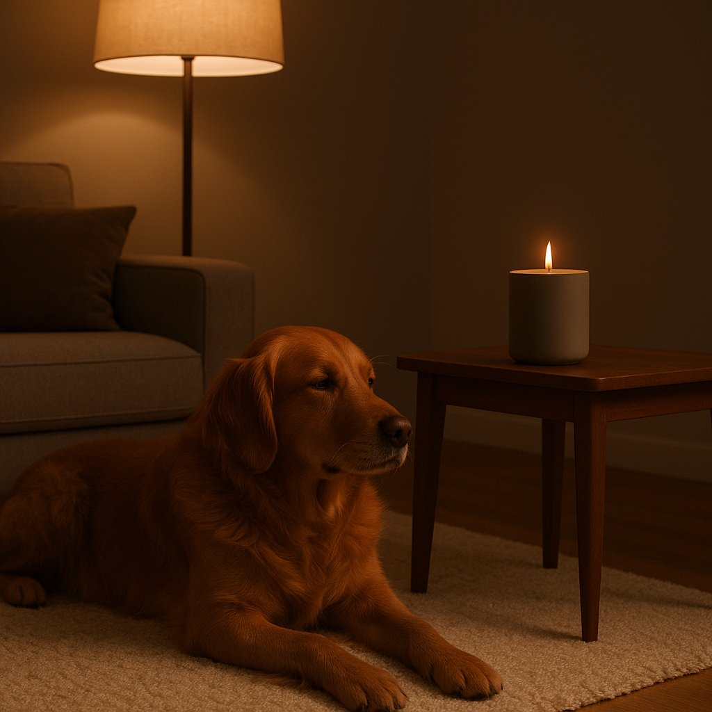 Cão junto a uma vela NOBAMO sem fragrância num suporte alto, cenário noturno calmo com luz suave