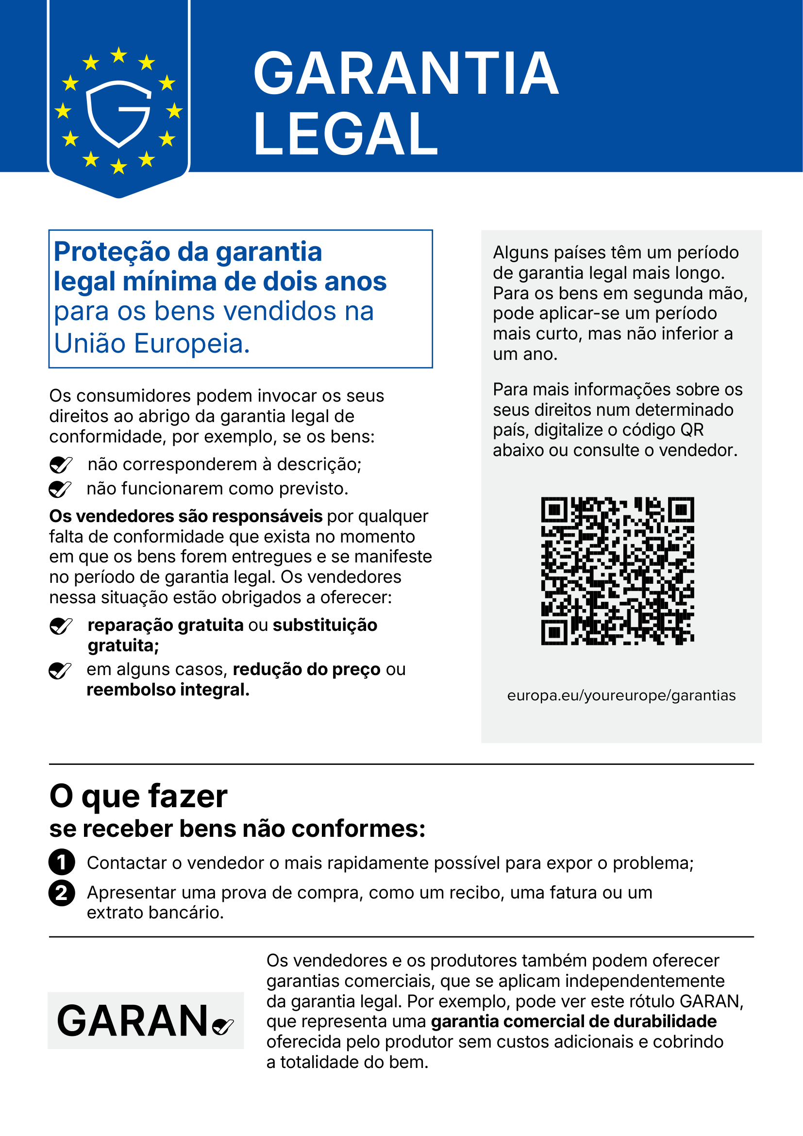 Aviso sobre a garantia legal de conformidade de dois anos na UE